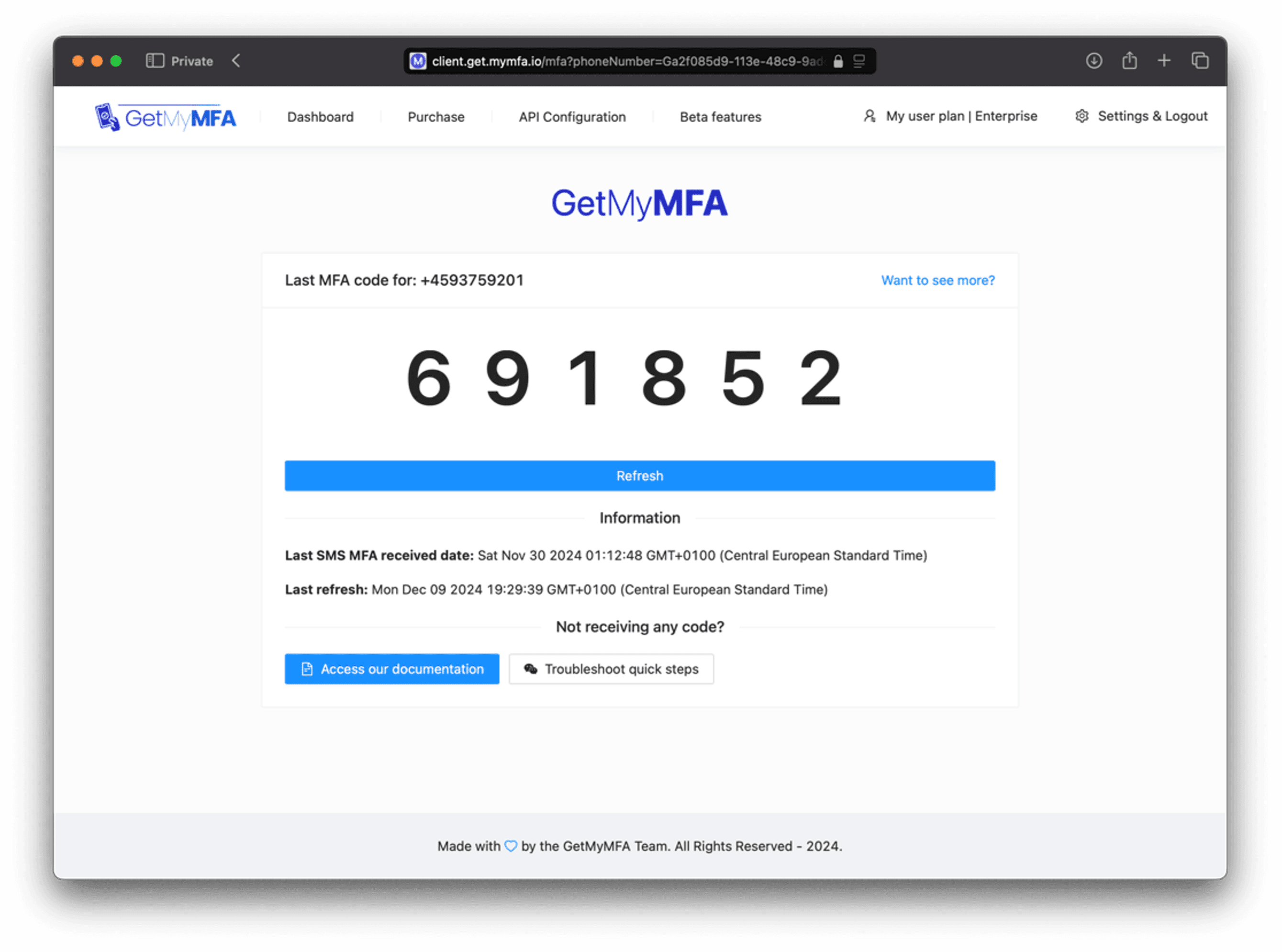 GetMyMFA MFA Code sharing interface
