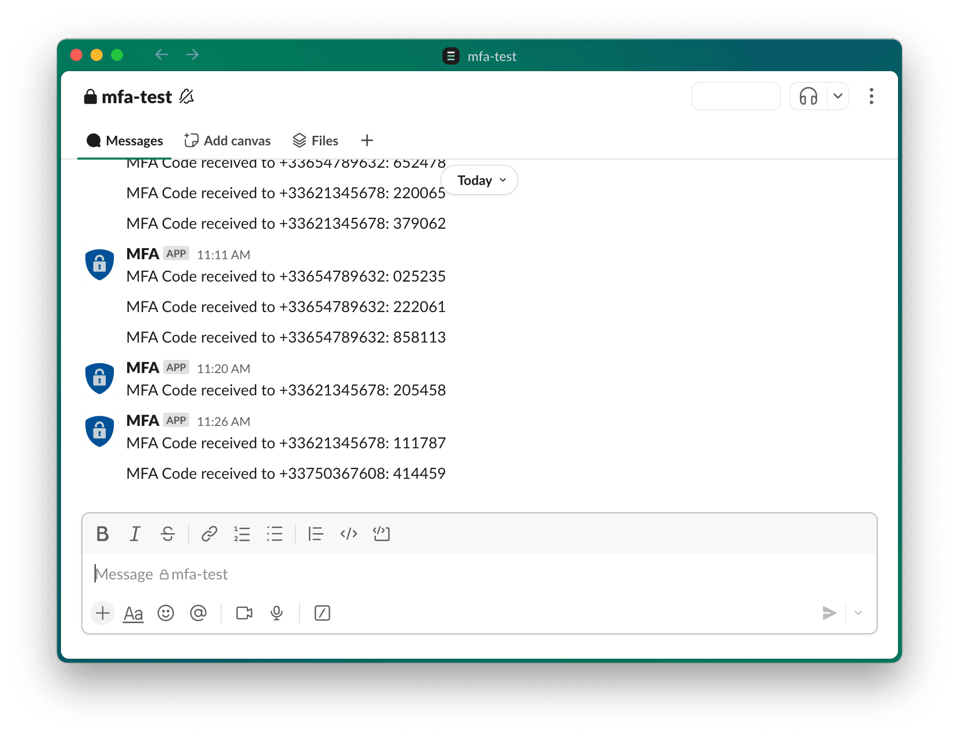 Slack channel interface showing MFA codes
