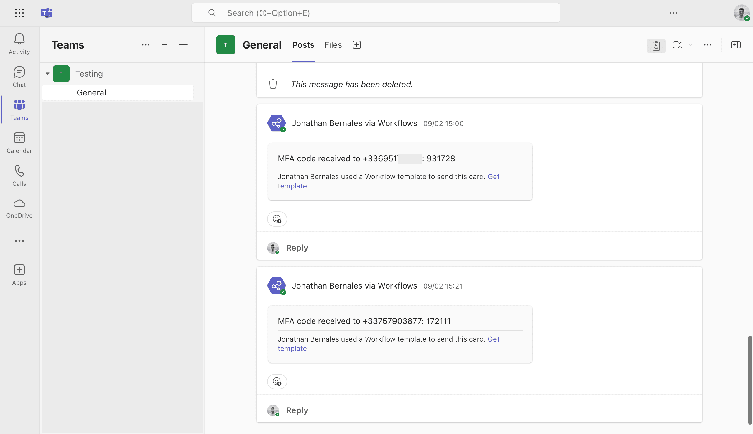 Teams group interface showing MFA codes