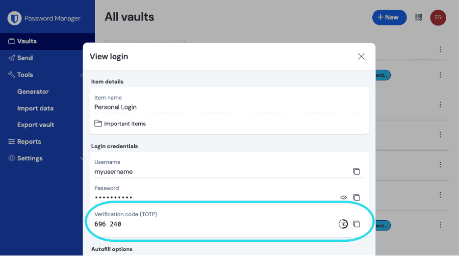 Bitwarden's OTP preview interface