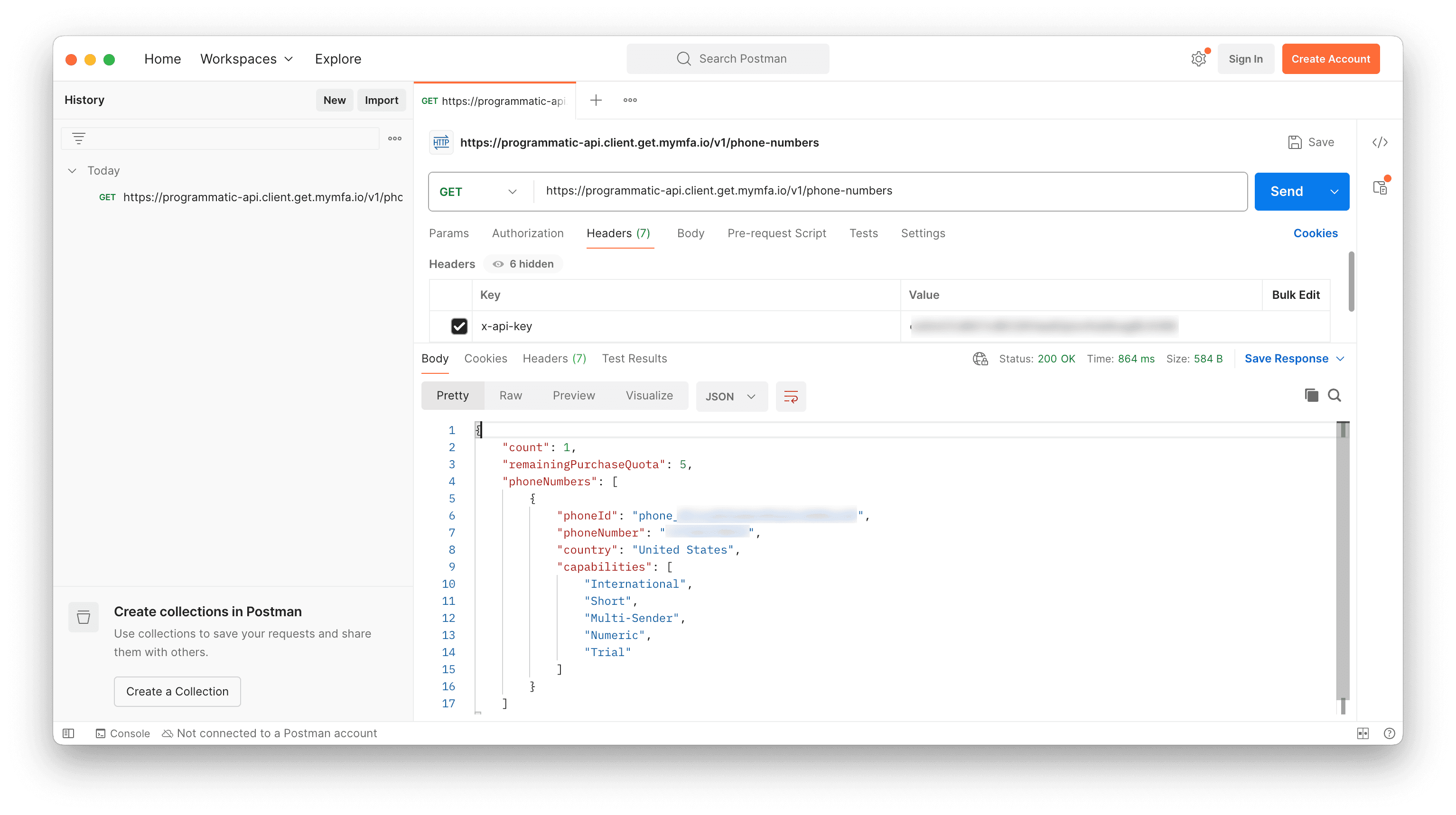 Postman call to list phone numbers