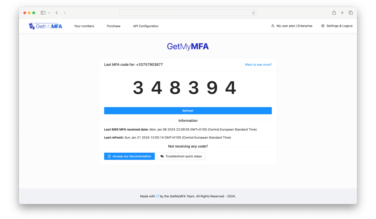 Screenshot of GetMyMFA interface showing an MFA code.